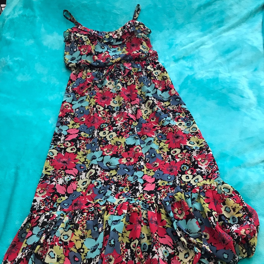 Summer flowery dress in raspberry and blue